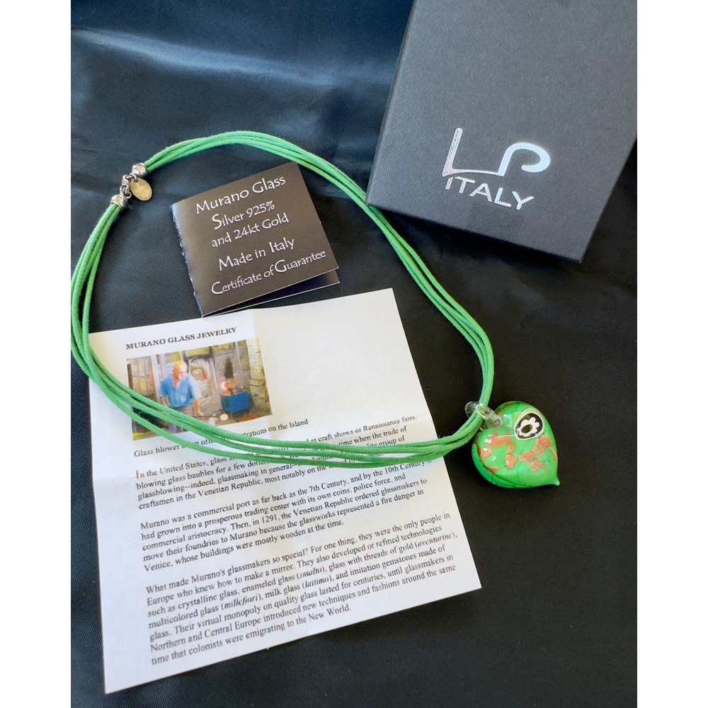 Murano Glass Heart Necklace Green 24kt Gold Leaf Sterling Silver 925 Italy Box